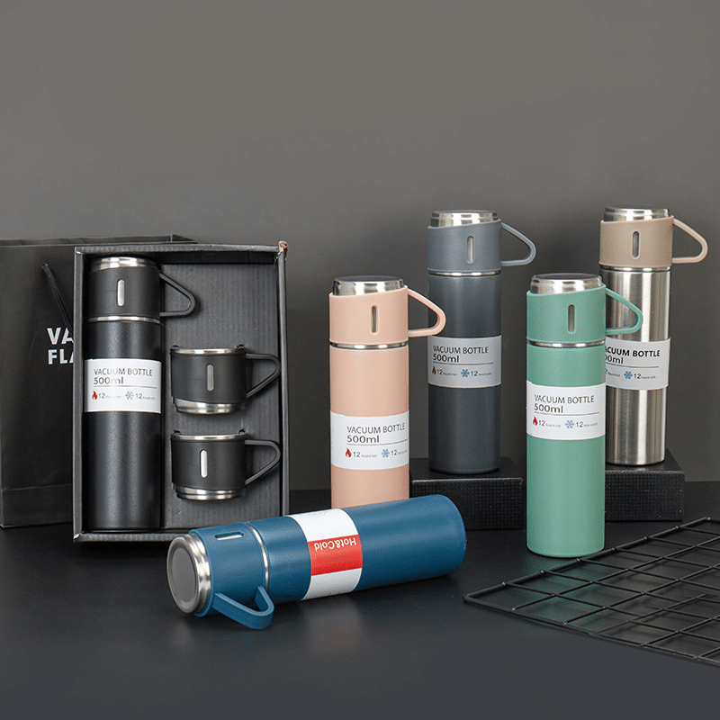 Premium Stainless Steel Vacuum Flask Set - 500ml Double Wall Thermos Gift Set with Dual Lids - Image 3