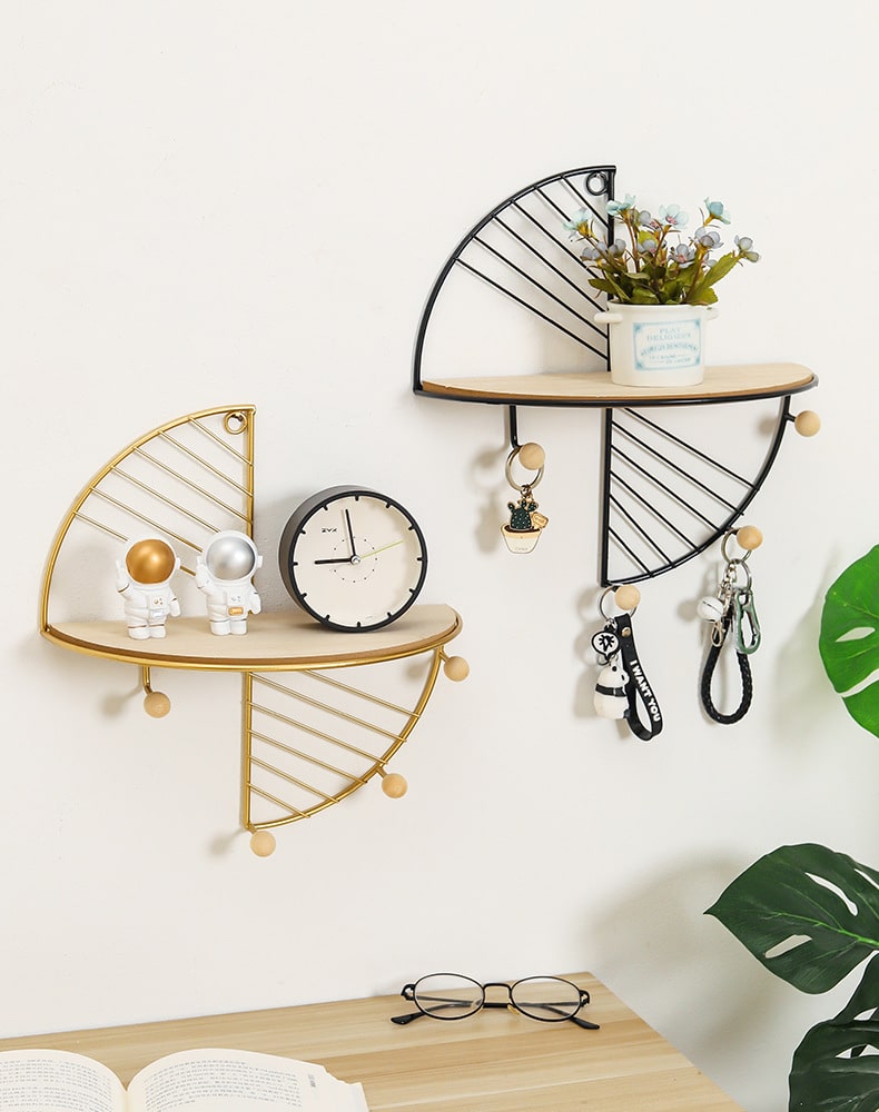 Modern and Functional: Half Circle Rectangular Wall Shelf with Multi-Function Hooks - Stylish Storage for Home Decor