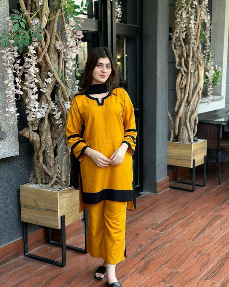 3Pcs Women's Stitched Lawn Plain Suit - Yellow