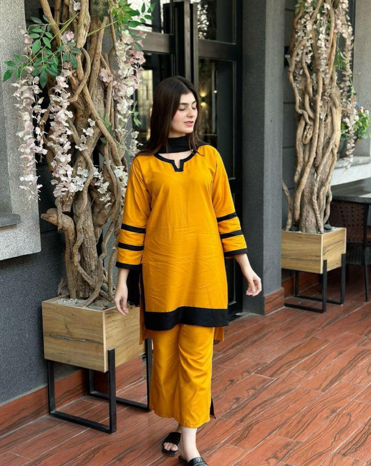3Pcs Women's Stitched Lawn Plain Suit - Yellow - Image 4