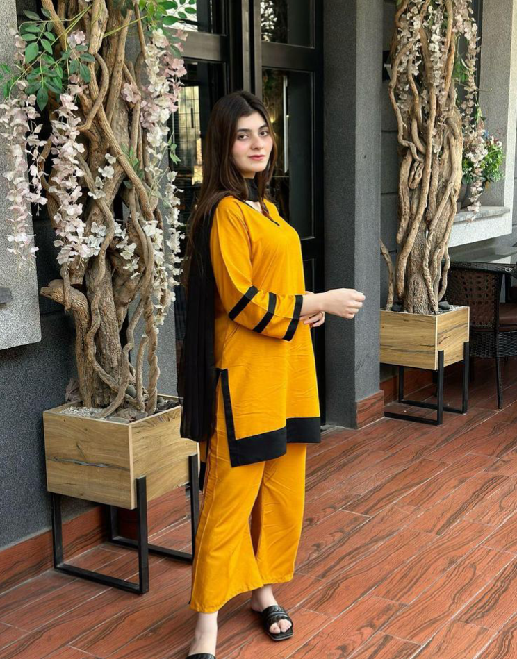 3Pcs Women's Stitched Lawn Plain Suit - Yellow - Image 3
